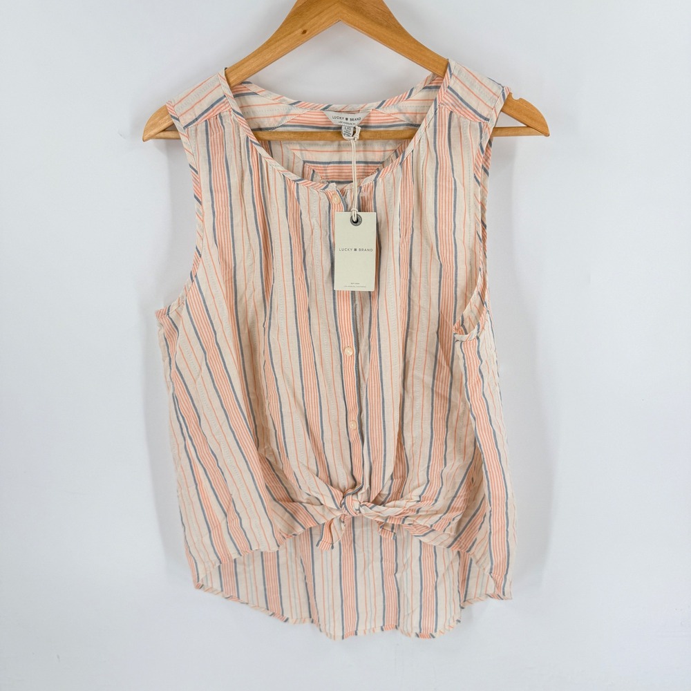 Lucky Brand NWT Sleeveless Tie Front Top Pink Blue Striped Large Cotton Coastal